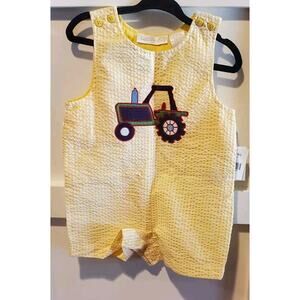 Boutique Yellow White Striped Specialty Baby Tractor Short Romper NOS 12 Months
